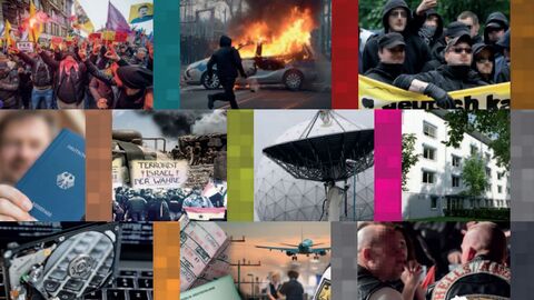 Bilder-Collage aus Symbolbildern für die Tätigkeitsfelder des LfV Hessen Bilder-Collage aus Symbolbildern für die Tätigkeitsfelder des LfV Hessen: Bild 1 zeigt eine Demonstration aus dem Bereich auslandsbezogener Extremismus, Bild 2 zeigt ein brennendes Polizeiauto, Bild 3 zeigt eine rechtsextremistische Demonstration, Bild 4 zeigt einen Pass eines Reichsbürgers, Bild 5 zeigt eine islamistische Demonstration, Bild 6 zeigt eine Abhöranlage, Bild 7 zeigt das LfV, Bild 8 zeigt Teile eines Computers, Bild 9 zeigt einen Flughafen, Bild 10 zeigt zwei Mitglieder der Hells Angels.