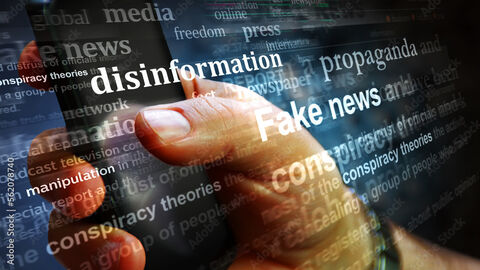 Symboldbild: Fake News Jemand hält ein Mobiltelefon in der Hand. Im Vordergrund sind hervorgehoben die Begriffe "disinformation", "propaganda" und "Fake news" zu sehen.