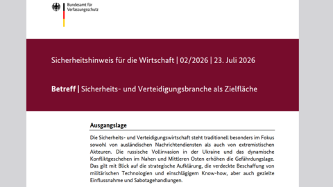 Auf dem Bild ist die Titelseite des Sicherheitshinweises des BfV zu sehen.